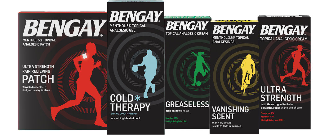 packages of Bengay: patch, cold therapy, greaseless, vanishing scent, ultra strength